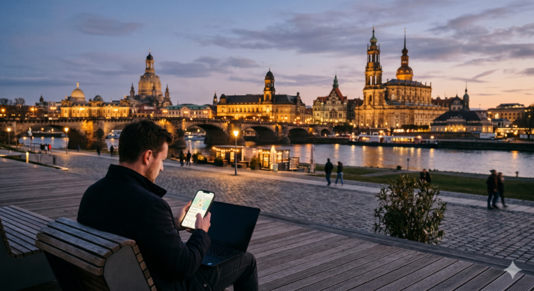 Ein Mann sitzt in der Abenddämmerung auf einer Bank am Ufer eines Flusses und arbeitet mit seinem Smartphone und Laptop. Historische Gebäude mit Türmen sind auf der anderen Seite des Wassers beleuchtet, und eine Brücke überspannt den Fluss unter einem bunten Abendhimmel. Er betreibt Lokales SEO.