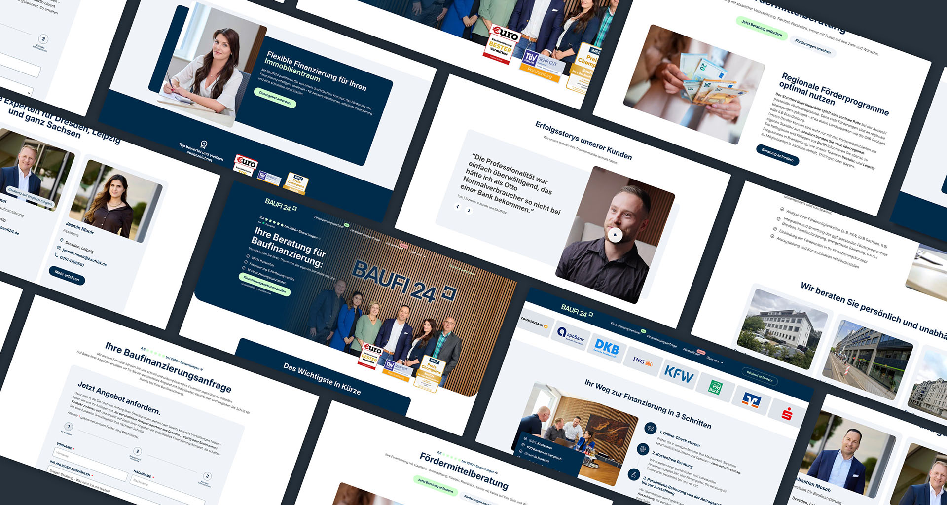Eine Collage aus Website-Screenshots, die Menschen, Formulare, Gebäudeaufnahmen und Logos von Finanzdienstleistern im geschäftlichen Kontext zeigt – mit Schwerpunkt auf der Online-Marketing-Agentur Dresden und Fachleuten aus der Bankberatung.